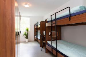 a dorm room with bunk beds and a window at Casa di vacanza Giovanibosco in Bosco Gurin