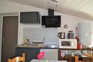 a kitchen with a stove and a microwave at studio indépendant dans maison à la campagne in Égliseneuve-près-Billom +24 photos