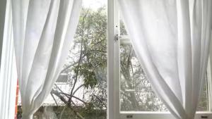 a window with white curtains in a room at Stylish Coastal Stay in Cronulla