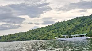 a white boat on the water near a mountain at LA Komodo Homestay in Komodo