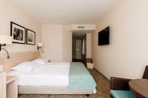 a hotel room with a bed and a television at Hotel Aazaert by WP Hotels in Blankenberge