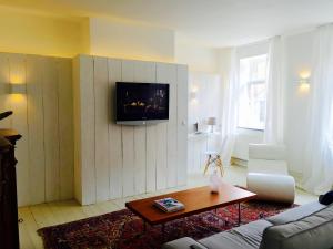 een woonkamer met een bank en een tv aan de muur bij Apartment in Historical Center in Luik
