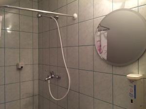 y baño con ducha y espejo. en Apartments Kozjanski park, en Podsreda 24 fotos más