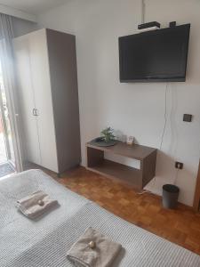 a room with two beds and a tv on the wall at Apartma za 2 Marko Rogaška Slatina in Rogaška Slatina