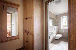 a bathroom with a toilet and a sink and a mirror at Penzion v Zálesí in Mladá Boleslav