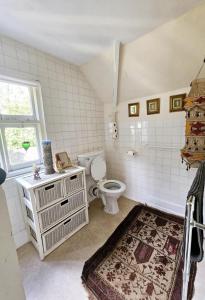 a bathroom with a toilet and a window and a rug at The Annexe Lurley Manor in Tiverton +62 photos