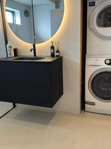 a bathroom with a sink and a washing machine at Pool & Sauna Retreat - Private Studio Apartment Porsgrunn in Porsgrunn +23 photos