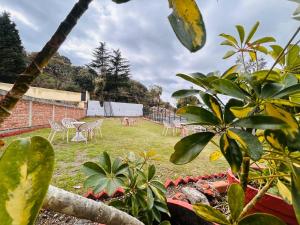 a garden with chairs and tables in the grass at Banj View Resort in Mussoorie