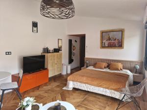 a bedroom with a bed and a flat screen tv at Le cottage Bleu du Sud in Saint-Étienne-les-Orgues