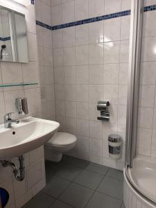a bathroom with a sink and a toilet and a shower at Alte Harcher Schule in Harra