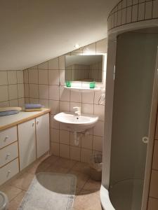 a small bathroom with a sink and a mirror at Alpenhaus Birkhahn in Ramsau am Dachstein