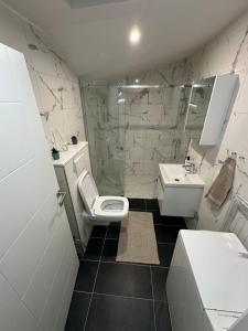 a white bathroom with a toilet and a sink at Čaršija Light Visoko in Visoko +5 photos