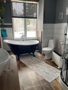 a bathroom with a large tub and a toilet at Villa Björksele in Björksele