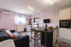 a kitchen and living room with a couch and a table at Emma in Krasica