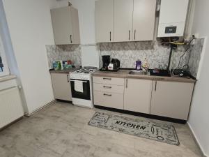 a kitchen with white cabinets and a kitchen rug on the floor at Casa ANDA in Braşov