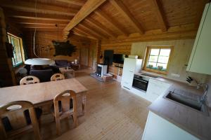a kitchen and living room of a log cabin at Blockhaus Fleesensee in Silz