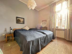 a bedroom with a bed and a window and a chandelier at Altstadtrefugium "Backsteenhuus" und ,,Li ebertee" in Leer in Leer