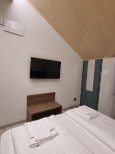a bedroom with two beds and a flat screen tv at Hotel HDomus in Nogarole Rocca +80 photos