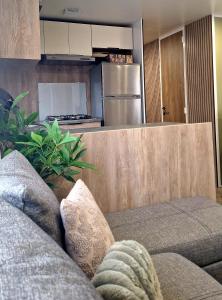 a living room with a couch and a kitchen at Chalet Lauwersoog mét airco! in Lauwersoog