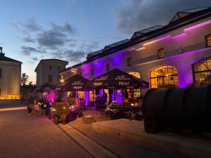 a building with purple lights in front of it at Pod Aniołami in Wałbrzych