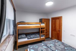 a bedroom with two bunk beds and a window at Apartmaji Peternelj in Železniki