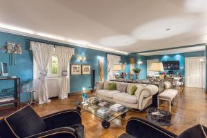 a living room with blue walls and a couch at Hotel Villa Linneo in Rome