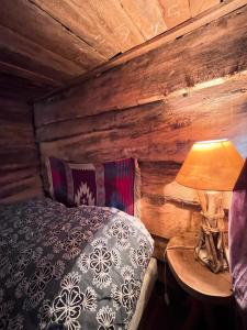 a bedroom with a bed and a lamp on a table at La Cabane Aux Loups in Crépy-en-Valois