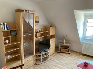 a living room with a book shelf and a television at Seenplatte in Malchow