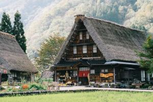 a house with a thatched roof with mountains in the background at APARTMENTS by Bed and Craft in Inami