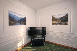 a television in a room with two paintings on the wall at Sunny Hostel in Osh