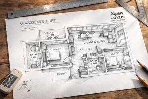 a drawing of a floor plan on a table at ViVaZILARE - Design Loft with Terrace in Fügen