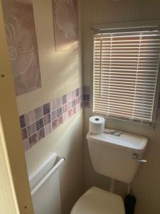 a small bathroom with a toilet and a window at Coastal Getaway, camber sands in Camber +8 photos