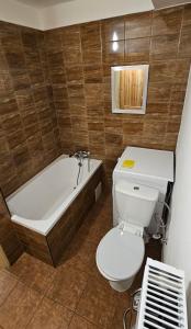 a bathroom with a toilet and a bath tub at Chata Lipa in Trstená +18 photos