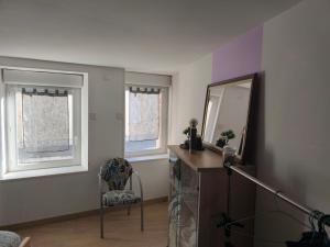 a room with two windows and a mirror and a chair at Le repos beaurepairien in Beaurepaire