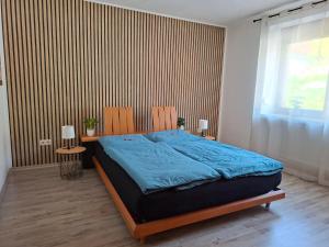 a bedroom with a large bed with blue sheets and a window at Gutheils-Ferienwohnung in Nanzdietschweiler