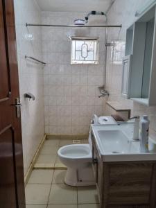 a bathroom with a toilet and a sink at WeniZani Backpackers Hostel Nairobi in Nairobi