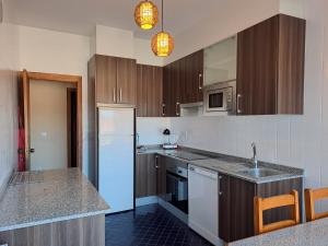 a kitchen with wooden cabinets and a white refrigerator at Torre Plaza 4 in Boiro