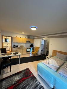a living room with a blue couch and a kitchen at Hellwig Ferienwohnung 1 in Bernburg