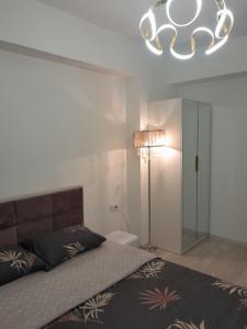 a bedroom with a bed and a chandelier at E&M Apartman in Struga