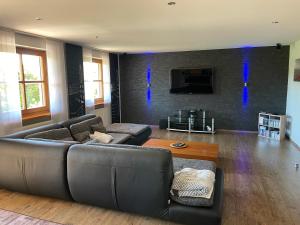 a living room with a couch and a tv at Ferienwohnung Sonnenblick in Grafenwiesen