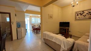 a living room with a couch and a tv at Vergi Apartments in Pyla