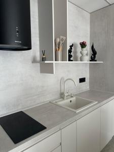 a white kitchen with a sink and a shelf at Mediteran Line Apartman 2 in Sombor +4 photos