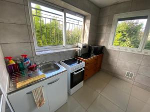 a small kitchen with a sink and a stove at La Maison Bloom in Houilles