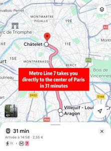 a map of a metro line takes you directly to the center of parks at Paris maison-4min à Métro7-18min au centre de Paris in Villejuif +3 photos