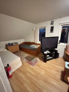 a living room with a flat screen tv in it at Old farm house & sauna in Stunes