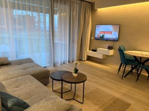 a living room with a couch and a table and a tv at BL Residence Balatonlelle in Balatonlelle