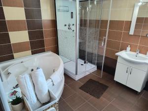 a bathroom with a tub and a shower and a sink at Casa Mais Brașov Guesthouse with Free Parking in Braşov