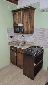 a kitchen with a sink and a stove and a microwave at Cozy Get Away in Portmore