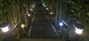 a pathway with lights on the side of a fence at Ourea's Rest in Thekkady