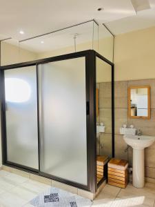 a bathroom with a glass shower and a sink at Thabeng Hotel & Restaurant in Maseru +28 photos